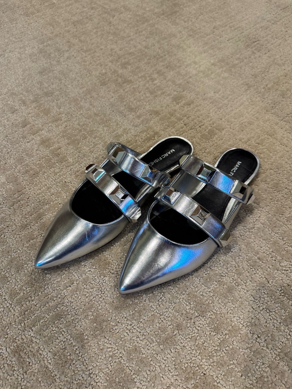 Marc Fisher Metallic Silver Pointed Mule with Studded Straps